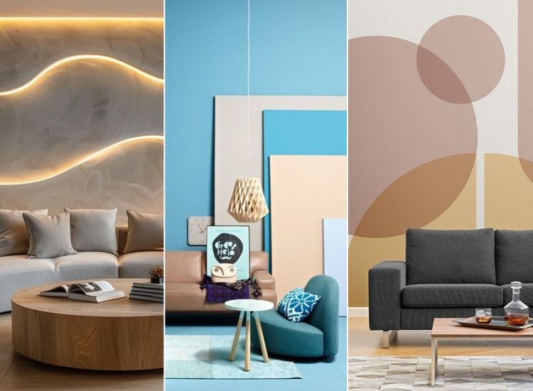 Three rooms with abstract designs: first with curved lines and lighting, second with blue and beige squares, third with peach circles.