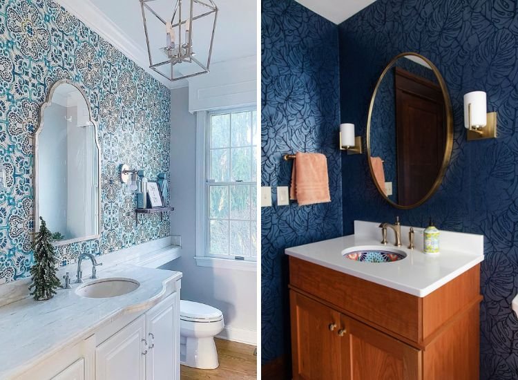 Blue colored bathroom wallpaper.