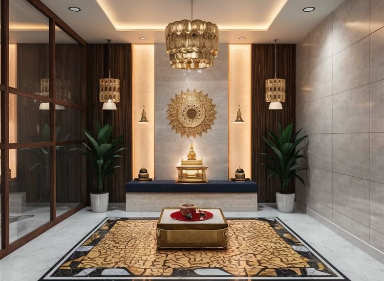 Modern marble back panel for a unique and aesthetic pooja room, enhanced by elegant lighting to elevate the overall look.