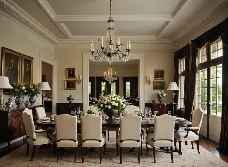 Rich dining setup featuring a modern chandelier and sleek chairs, bathed in ample natural daylight, creating a perfectly balanced design proportion.