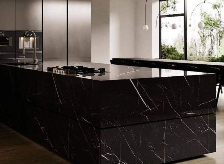 19. black marquina marble kitchen Black marquina marble countertop and island kitchen unit design creating the eye catching effect.