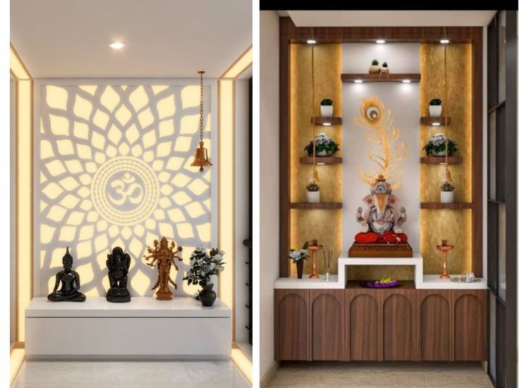 Two modern and attractive home pooja mandir designs decorated with backlit LED lighting and POP panels