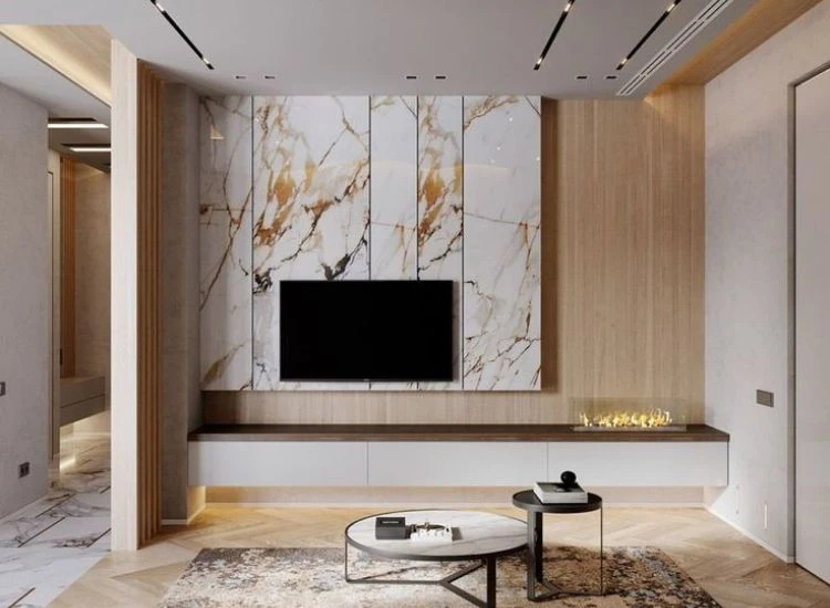 2. Italian marble tv unit Italian marble with gold veins wall paneling enhancing the beauty of tv unit in the living room.