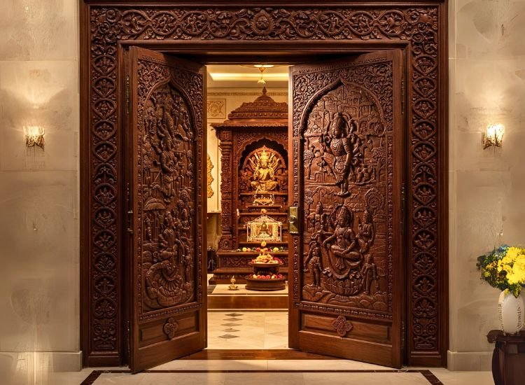 Mandala-Inspired Carved Double Doors Design.