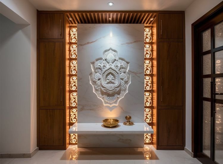 Modern marble back panel incorporated with wooden carvings in an aesthetic pooja room, enhanced by elegant lighting to elevate the overall look.