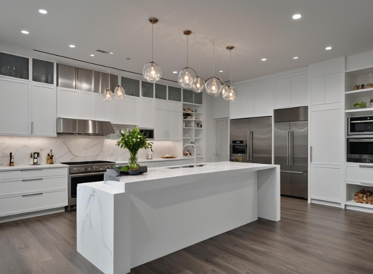 Modern kitchen with intricate details, featuring hanging pendant lighting, dark wood flooring, and ceiling lights, blending functionality and style.