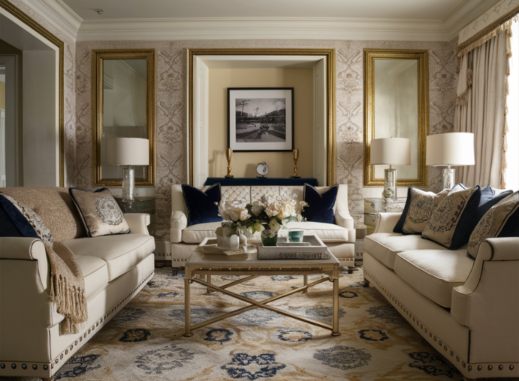 Modern living room with detailed rug, sofa cushions, and wallpaper, enhanced by natural daylight that adds warmth and ambiance to the space.