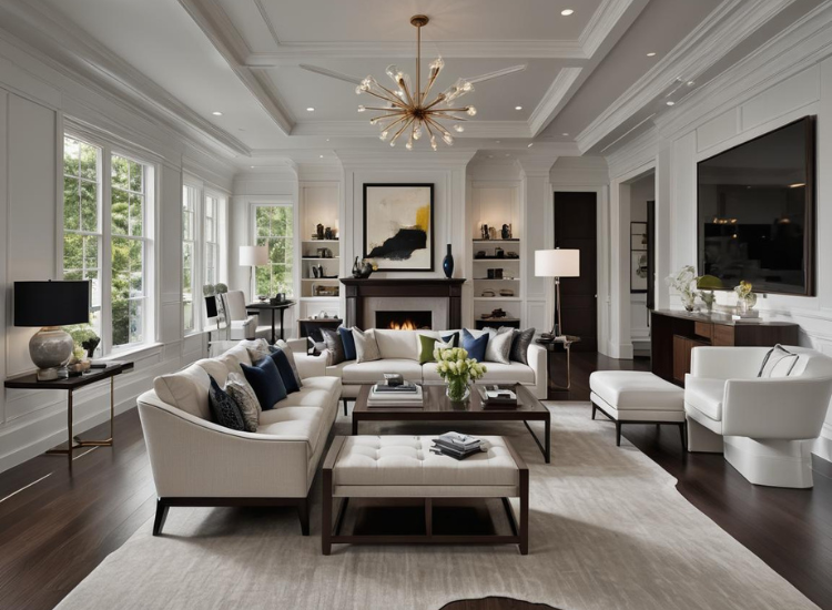 Modern living room with a stylish sofa and TV unit, featuring a hanging chandelier and intricately detailed ceiling molding for a sophisticated look.