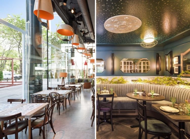 Different images of restaurant areas showcasing one space with natural lighting and another with artificial lighting, highlighting the contrasting atmospheres.