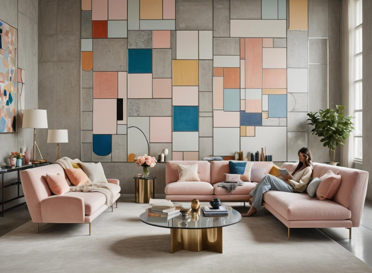 Home living interior showcasing a wall with geometric patterns and pink sofas, creating a balanced and harmonious design atmosphere.