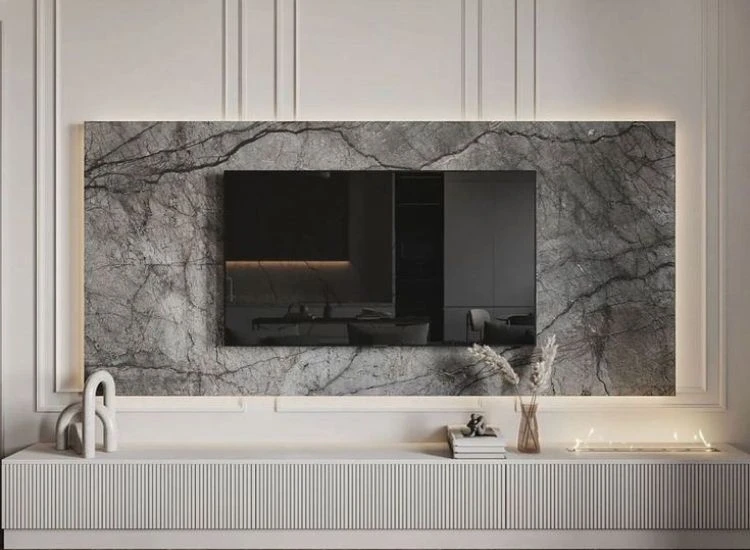 24. Italian marble tv unit Black and White marble wall panel bringing sophisticated charm to the tv unit.