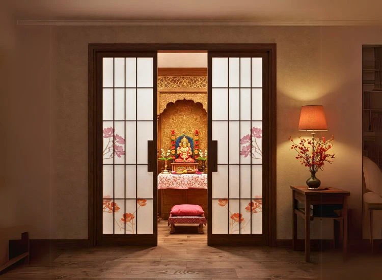 24. Mandir Design For Home With Door In Shoji Style 24. Mandir Design For Home With Door In Shoji Style