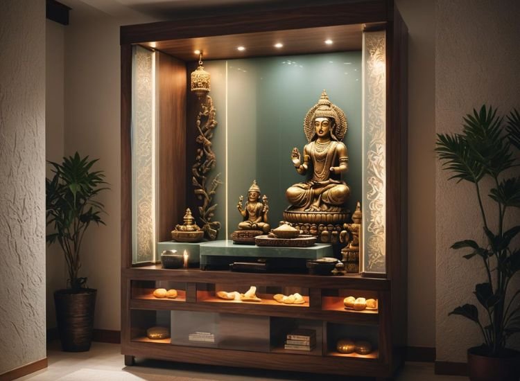 Glass back panel in the pooja unit, softly illuminated with suitable lighting to enhance the overall ambiance elegantly