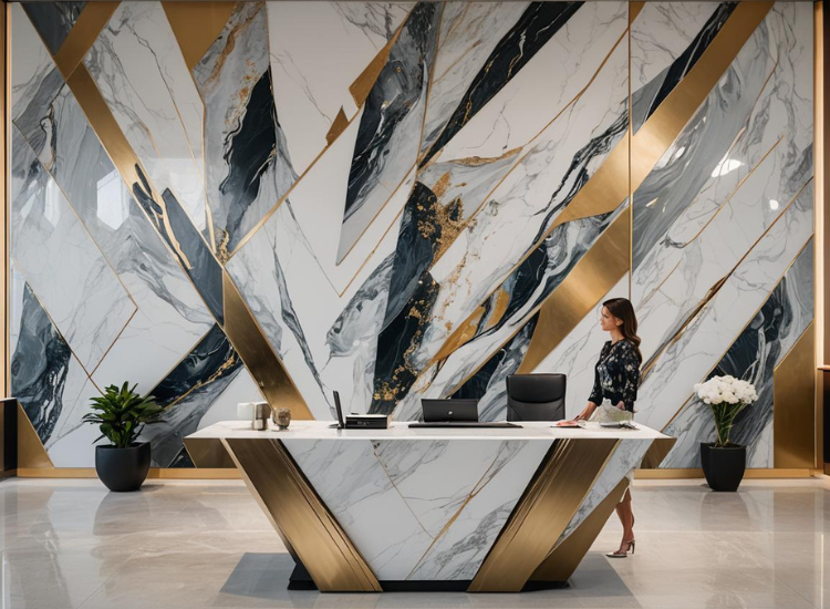 Elegant office reception desk with gold and marble plating, complemented by a matching wall behind it, creating a striking focal point.