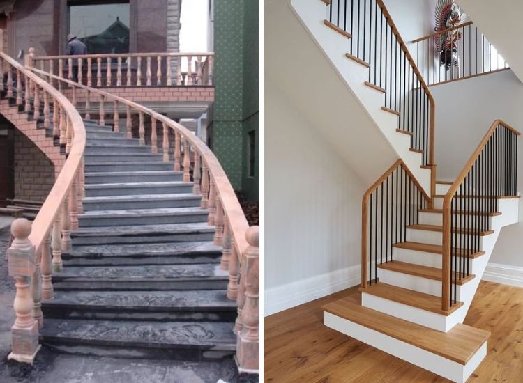 25. Stone finishing and wooden finishing staircase railing design