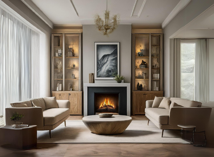 Living room perfectly balanced with sofas placed opposite each other and unique yet matching wall shelves, creating a harmonious design.