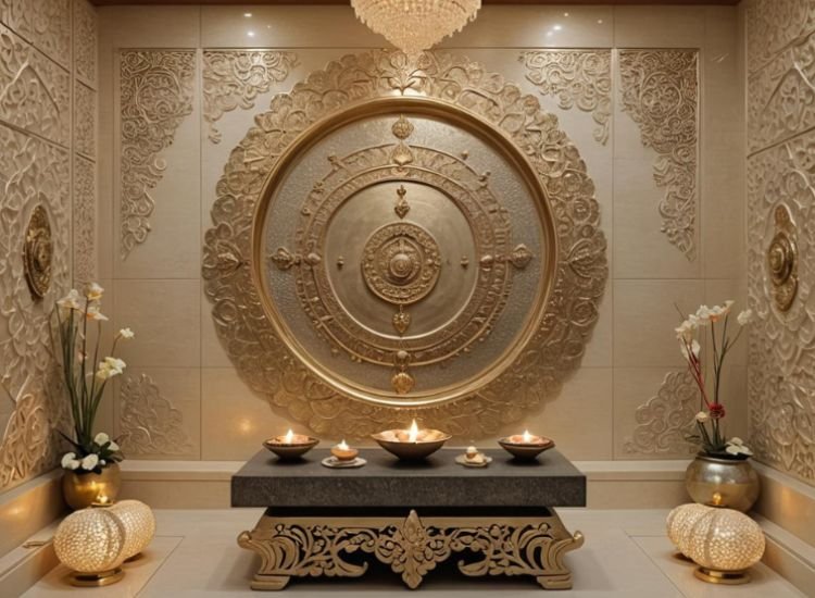 A metal back panel for a pooja room, featuring a circular shape with intricate detailing, complemented by modern warm lighting for a serene atmosphere.