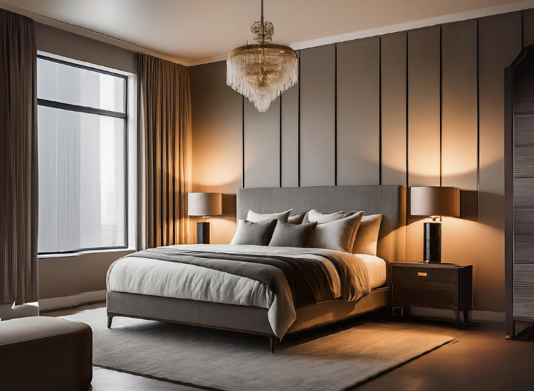 Harmonious bedroom with daylight from a window, two bedside lamps, and a chandelier, perfectly creating a sense of unity and harmony