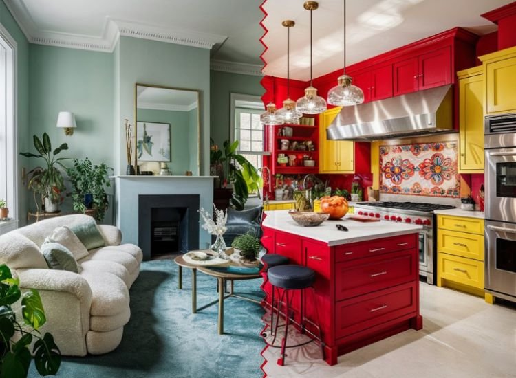 Living room in calming blues and greens for relaxation, and kitchen in warm reds and yellows for an inviting, intimate atmosphere.