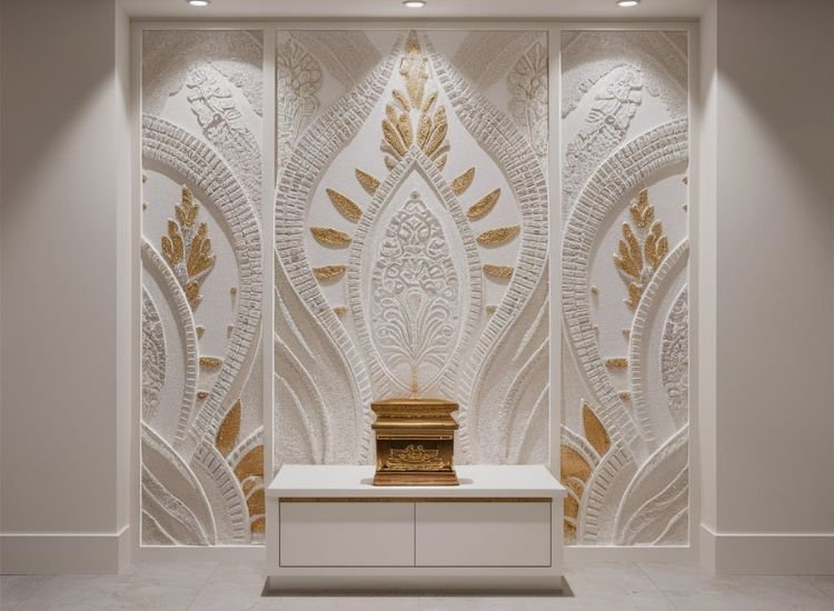 A POP moulding pooja unit back panel adorned with elegant gold and white patterns, creating a sophisticated and serene backdrop for spiritual rituals.