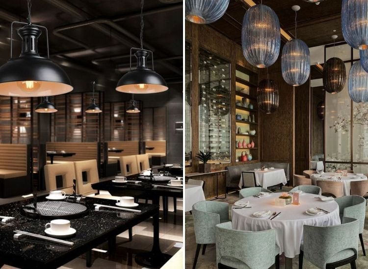 29. Two images showcasing restaurant lighting