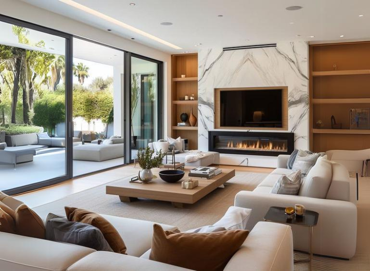 Symmetrical balance in a living room with two matching sofas and stylish lamp lighting, creating a harmonious and elegant space.