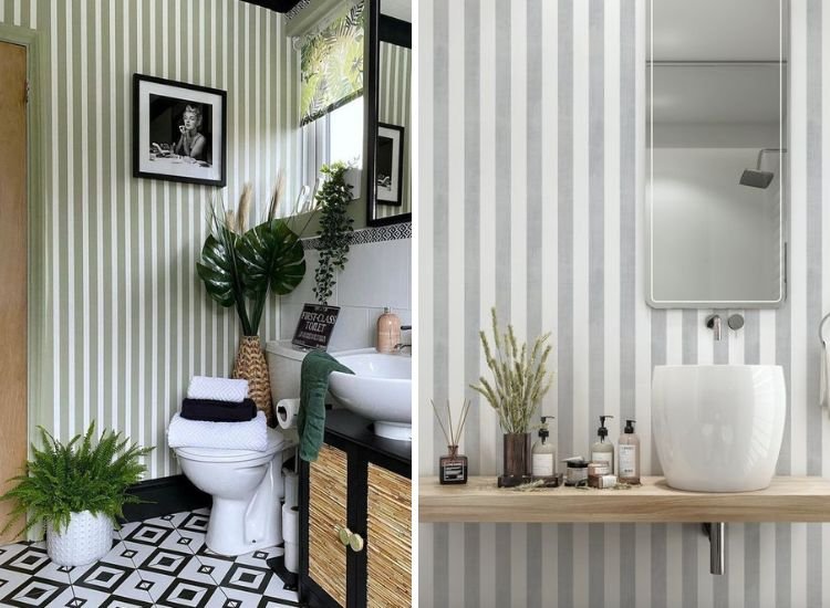 3. Light green and white striped bathroom wallpaper