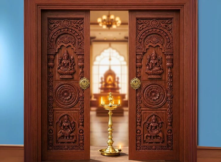 3. Traditional Pooja Room Door With Carved Wood 3. Traditional Pooja Room Door With Carved Wood