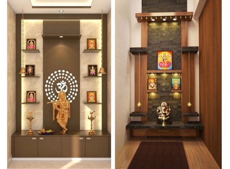 Shri Krishna and Ganpati bappa idols pooja room unit designed with attractive and modern pooja room back panels