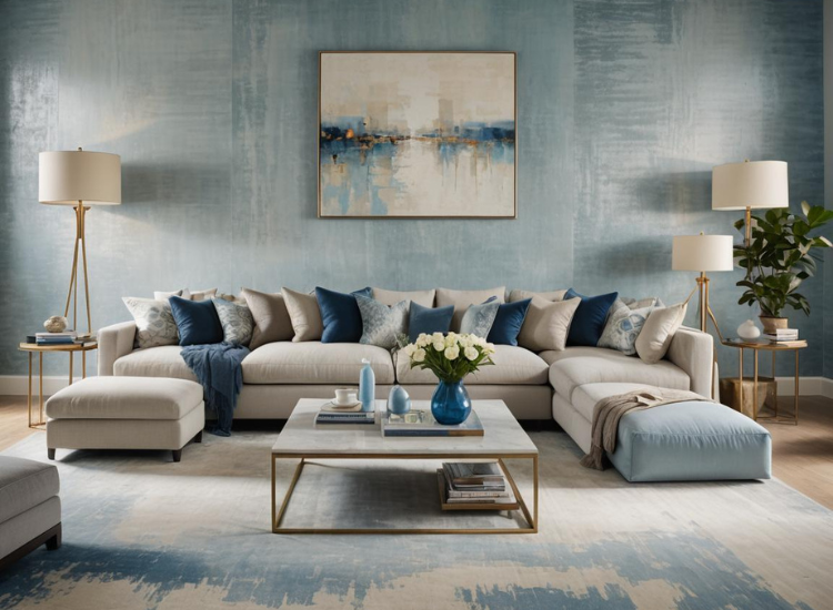 Living room with a sofa piled with cushions, blue shaded wallpaper, and a rug, complemented by two lamps and a coffee table, creating perfect rhythm.