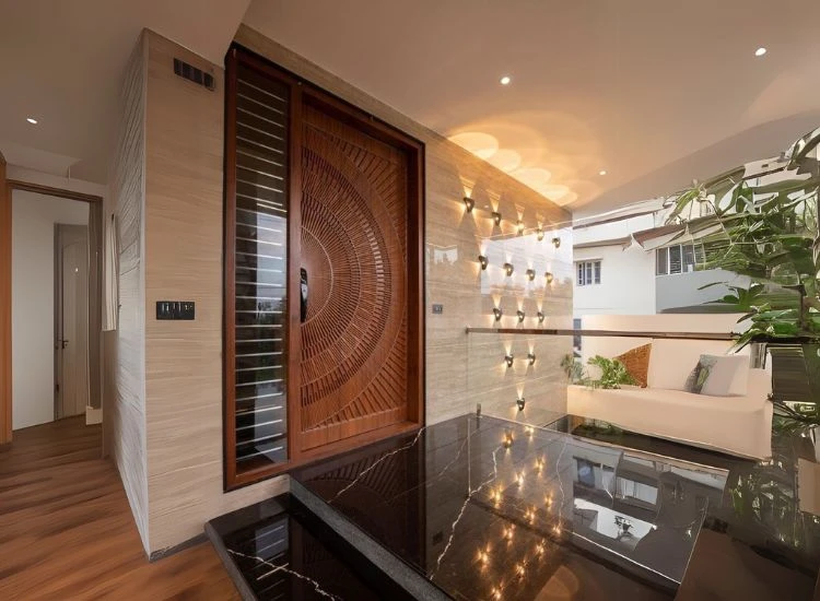 31. Italian marble application in interiors Black marble with white veins flooring creating eye catching effect.