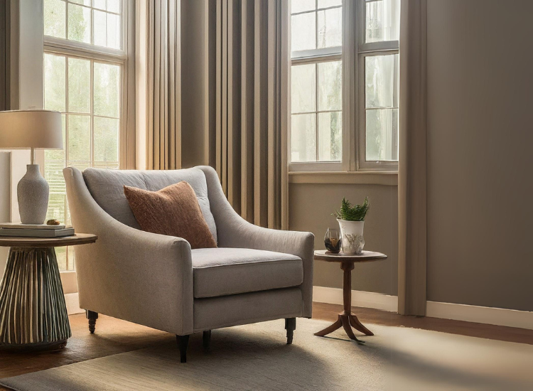 Modern reading chair in a room corner, bathed in natural sunlight and complemented by a task lamp for a cozy, well-lit reading nook.