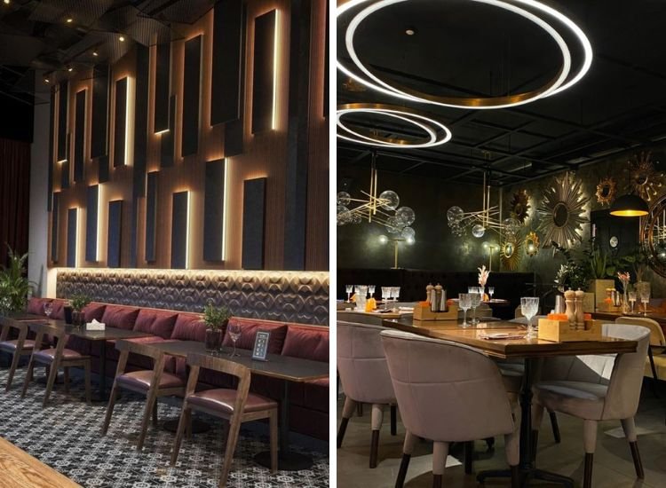 Two restaurant dining areas: one with elegant wall accent lighting and the other with beautiful, modern hanging chandeliers.