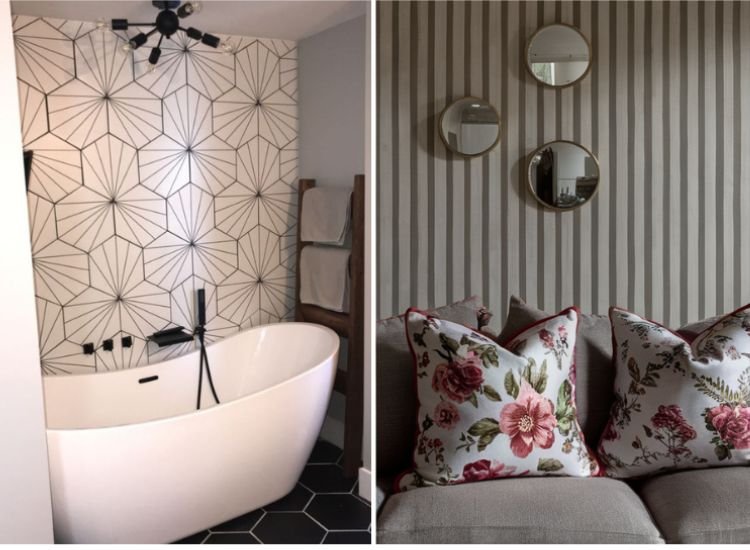 Bathroom with geometric pattern wallpaper, and living room with striped wallpaper, complemented by floral pattern cushions for a stylish contrast.