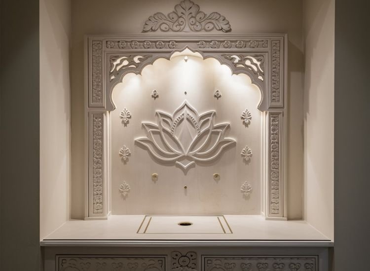 Elegant MDF moulding panel with lotus carved, perfectly lit to highlight the pooja unit and create a warm, inviting ambiance.