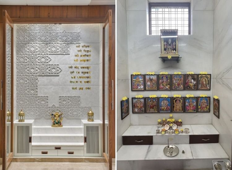 Two elegant pooja room designs: one with a detailed tile panel featuring a mantra, and another with plain tiles and a single window, blending rich and serene aesthetics.