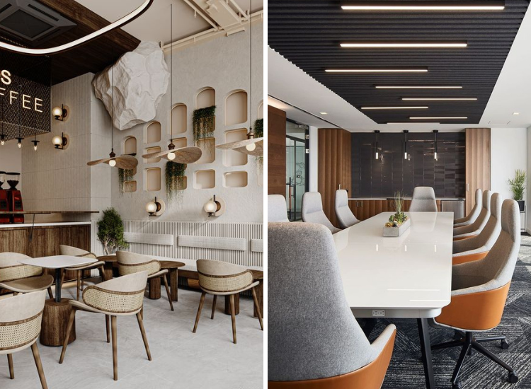 Soft white-accented café with hanging pendant lights, and a modern office meeting room featuring a linear table, elegant chairs, and recessed ceiling lighting.