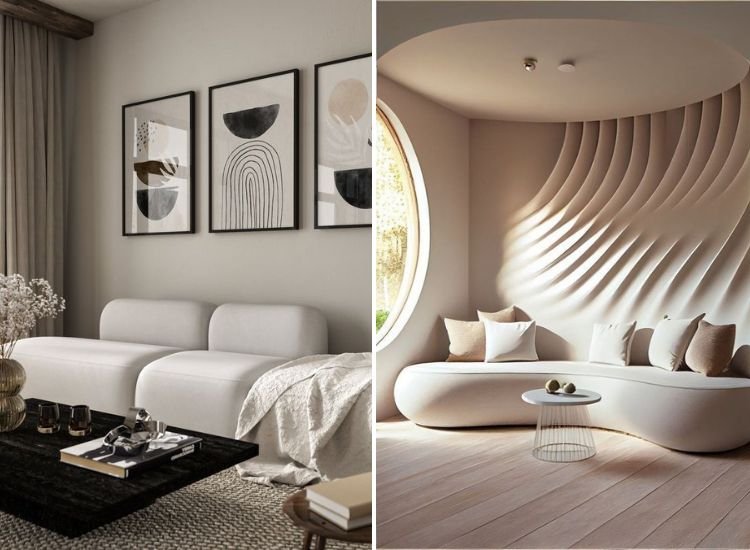 Modern living room with geometric-forms furniture, contrasted by another room featuring organic forms like a curved sofa and wave-patterned wall.