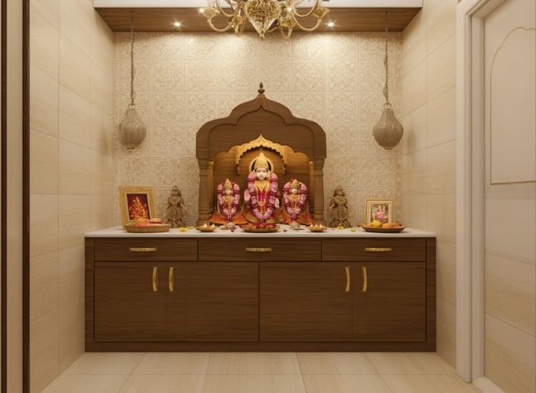 34. Simple Pooja Unit with Elegant vitrified tiles back panel