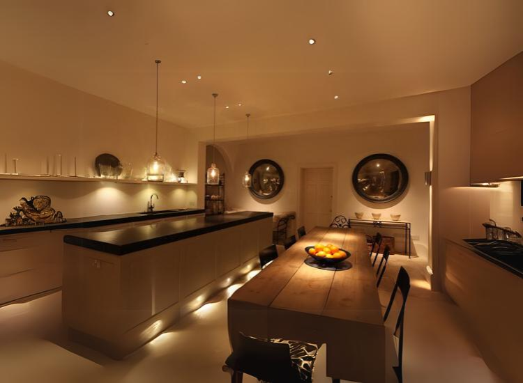 34. Warm hued orange and yellowish shaded lighting for the kitchen