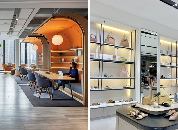 Elegant office workspace with a hanging light fixture, paired with a boutique store that combines ambiance and proportion to create harmonious unity.