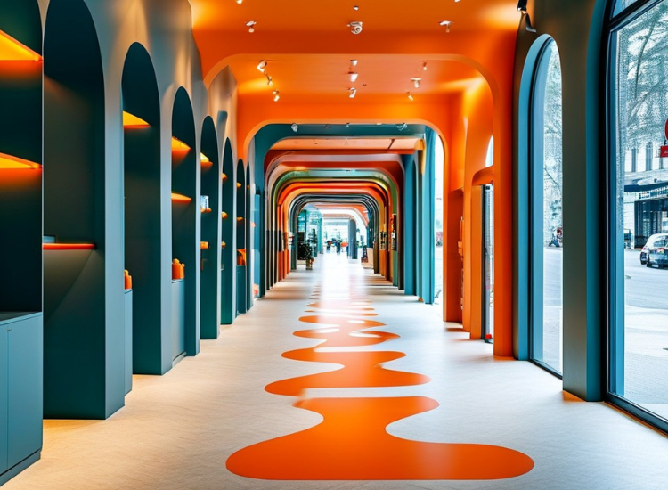 Modern passage with a vibrant orange pathway and ceiling, creating rhythm and highlighting the entire area with bold color.