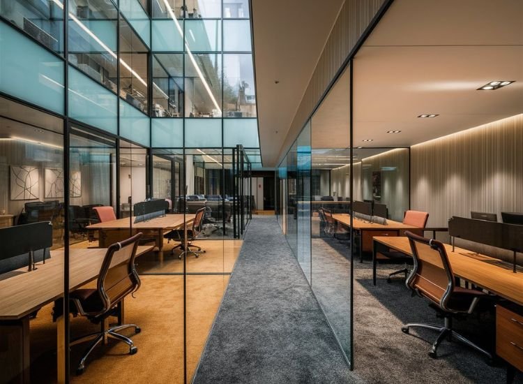 Modern office featuring glass partitions, elegant lighting, and sleek interior architecture with contemporary furniture for a stylish workspace.