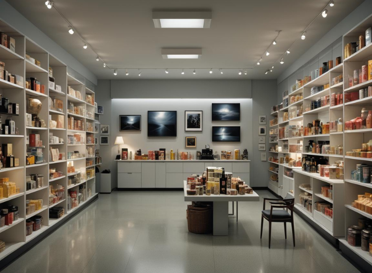 Chic retail store with spotlighted products, arranged proportionally on shelves against rich, light walls, creating a sophisticated display.