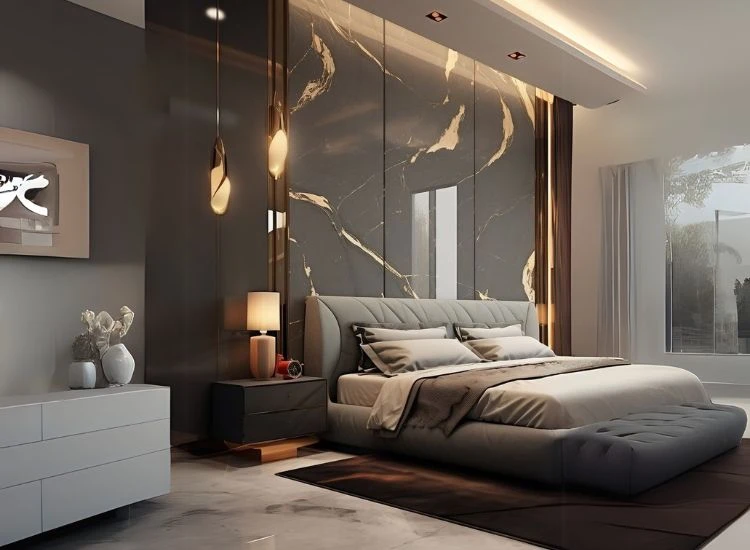 4. Italian marble wall Black marble with golden veins enhancing the beauty of wall paneling in the bedroom.
