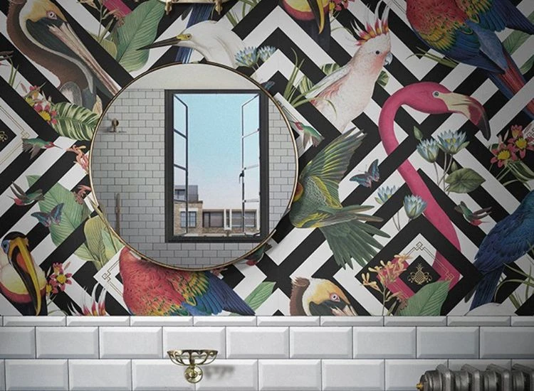 4. Multi coloured focal wallpaper in bathroom Multi coloured focal wallpaper in bathroom .