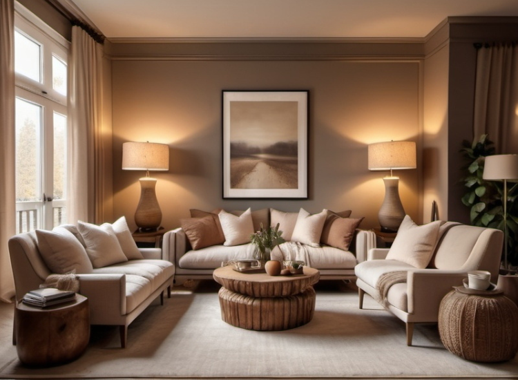 Asymmetrical balance in a living room featuring a piece of artwork, a sofa, a chair, and a lamp placed in the corner, creating a dynamic and inviting space.