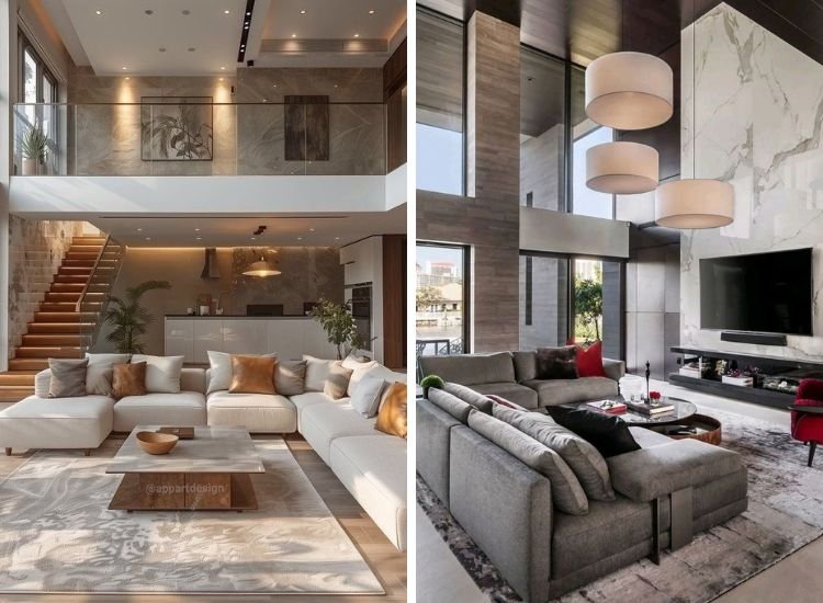 Two spacious modern living room decorated with design elements such as space, light, lines, forms and textures.