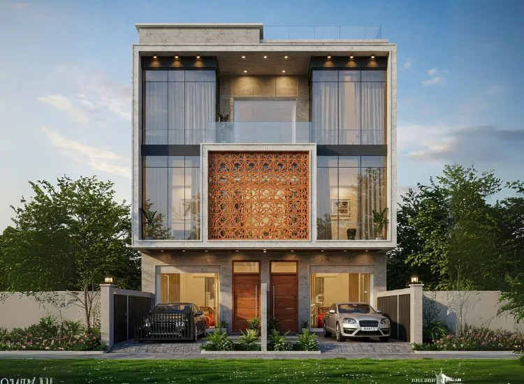 4. duplex home with floor to ceiling glass walls A stunning glass-front modern duplex house design featuring a sleek duplex house interior, contemporary aesthetics, and a spacious upper floor design.