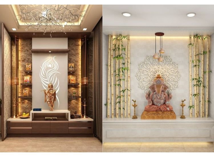 Two elegant and beautifully lit pooja room designs, featuring modern elements and a serene ambiance for a contemporary touch